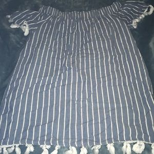 BLUE STRIPPED OFF THE SHOULDER DRESS